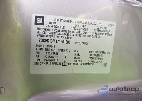 2007 Chevrolet Silverado 1500 Lt1 from USA, damaged, VIN 2GCEK13M171601808